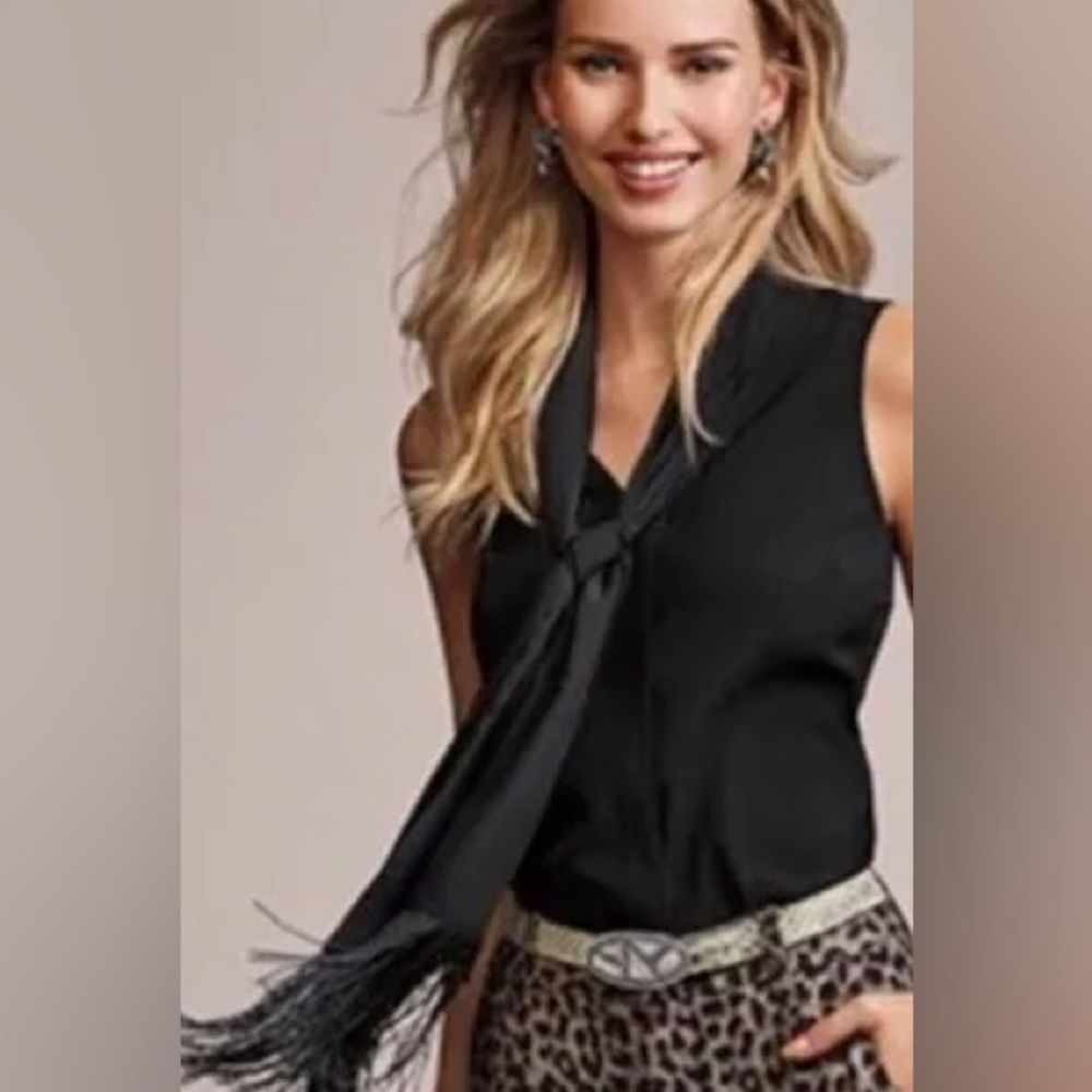 CAbi Fringe Tie Neck Sleeveless Blouse